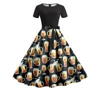 Generisch Dirndl Damen Lang, Kleider Damen, Damen Sommerkleid Rundhalsausschnitt Kurzärmelig Abnehmbarer Gürtel Oktoberfest Print Lässiges Kleid