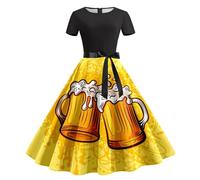 Generisch Dirndl Damen Lang, Sommerkleid Damen, Damen Sommerkleid Rundhalsausschnitt Kurzärmelig Abnehmbarer Gürtel Oktoberfest Print Lässiges Kleid