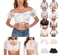 Generisch Dirndlbluse Damen Spitze weiß/Schwarz Trachtenbluse Elegante Kurzarm Stretch Dirndl Bluse Traditional Oktoberfest Spitzenweste Mode Grosse Grössen Dirndlhemd Sexy Oktoberfest Dirndl Zubehör