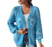Generisch DüNne Strickjacke Damen Strickjacke Mit Knopfleiste Und Halloween Motiv Und Cartoon Jacquard Muster Lockere Passform LäSsige Strickoberbekleidung FüR Den Herbst