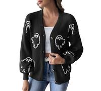 Generisch DüNne Strickjacke Damen Strickjacke Mit Knopfleiste Und Halloween Motiv Und Cartoon Jacquard Muster Lockere Passform LäSsige Strickoberbekleidung FüR Den Herbst