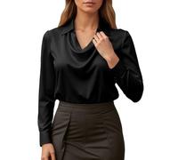 Generisch Einfarbiges Damen Langarmshirt Bluse Damen Langarm Oberteile Festliche Satinbluse Casual Business Hemdbluse Tops Lässiges Büro Arbeit Seiden Blusenshirt Party Bequem (2-Black, XXXL)