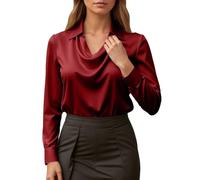 Generisch Einfarbiges Damen Langarmshirt Bluse Damen Langarm Oberteile Festliche Satinbluse Casual Business Hemdbluse Tops Lässiges Büro Arbeit Seiden Blusenshirt Party Bequem (1-RD1, L)