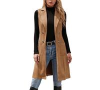 Generisch Elegante Wildlederweste, Langer Oberbekleidungsmantel für einen Retro- und Slim-Fit-Cardigan-Stil mit offener Vorderseite (Khaki, XXL)