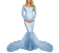 Generisch Elegantes Umstands-Maxikleid mit Spitzeneinsätzen fließendem Saum für besondere Anlässe Fotoshootings (Light Blue, XL)