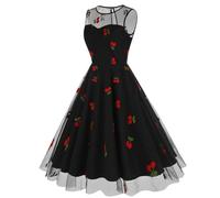 Generisch Festival Must Haves Frauen Damen Kleider Sommer Lang Damen-Retrokleid Im 50Er Stil Mit Rundhalsausschnitt, Ärmellos, Netzstoff, Bestickt, Kirschen Kleid Eng Schwarz Angebote Sale