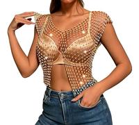 Generisch Festival Oberteil Damen Glitzer Netzoberteil Transparent Mesh Glitzer Strass Strasssteine Tops Glänzendes Mesh Körperkette Tops Funkelnde Bikini Nachtclub Crop Top
