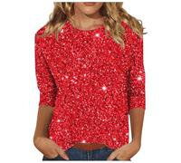 Generisch Festliche Glitzer Oberteile für Damen, 3/4 Arm Pullover elegant mit Silvester Druck Langarm Bluse T-Shirt Muster leichtes Basic Shirt Rundhals Tops und Tunika Abendmode