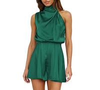 Generisch Festlicher Jumpsuit Damen - Damen Jumpsuit mit Stehkragen ärmelloses Satin-Design elastischer Bund Kurze Beinlänge für Eleganz