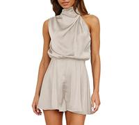 Generisch Festlicher Jumpsuit Damen - Damen Jumpsuit mit Stehkragen ärmelloses Satin-Design elastischer Bund Kurze Beinlänge für Eleganz