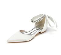 Generisch Flach Brautschuhe Strass Damen Elegant Pumps mit Riemchen Pointed Closed Toe,Elfenbein,40 EU