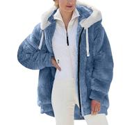 Generisch Fleecejacke Damen Winterjacke Damen Teddy Fleece Mantel Warm Gefüttert Kapuzenpullover Flauschig Plüschjacke Sweatshirt mit Kapuze und Taschen Reißverschluss Winterjacke Oversized