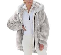 Generisch Fleecejacke Damen Winterjacke Damen Teddy Fleece Mantel Warm Gefüttert Kapuzenpullover Flauschig Plüschjacke Sweatshirt mit Kapuze und Taschen Reißverschluss Winterjacke Oversized