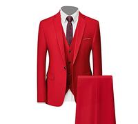 Generisch Formales 3 Teiliges Anzug Set für Herren Slim Fit Hochzeits Smoking mit 1 Knopf Revers Stilvolle Business Party Blazer Weste Hose (Rot 1,6XL)