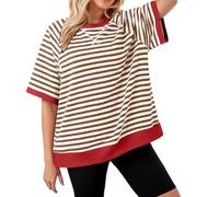 Generisch Gestreiftes Bluse Damen Ringelshirt Oversized Leichte Ringelshirt Kurzarm Lockeres T-Shirt Colorblock Lässig Shirt Rundhals Sweatshirt Gestreift Loose Tunika Tops Pullover Oberteile