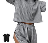 Generisch Geteiltes kurzes Pyjama-Set,weiches und verführerisches Pyjama-Set,Split Short Pajama Set,T-Shirt mit Rundhalsausschnitt und seitlich geteiltem kurzen Set