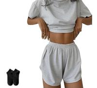 Generisch Geteiltes kurzes Pyjama-Set,weiches und verführerisches Pyjama-Set,Split Short Pajama Set,T-Shirt mit Rundhalsausschnitt und seitlich geteiltem kurzen Set