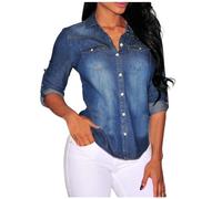 Generisch Gewaschenes Damen-Langarm-Jeanshemd Retro-Stil mit klassischem Design für einen zeitlosen Mädchen Freizeit Longbluse Leinenhemd Große Größen Bluse Oberteile (Dark Blue, XXL)