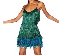 Generisch Glitzer Oberteile Damen Gatsby Kleid 20er Jahre Kleid Vintage Retro Flapper Gatsby Glitzer Pailletten Fransenkleid Hochzeit Party Charleston Kostüm Spaghettiträger Sexy Minikleid