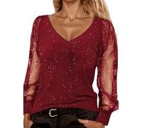 Generisch Glitzer Oberteile Damen Silvester Outfit Elegant Sexy Casual Pailletten Oberteile Festliche Pailletten Tunika Blusen Mesh Glitter Top Schwarz Langarm Glitzeroberteil Blusenshirt