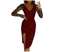 Generisch Glitzerkleid Damen Lang Langarm Silvester Kleider Glitzer Curvy Elegant Abendkleider V Ausschnitt Silvesterkleid Schöne Spitzenkleid Damen Mit Ärmeln Cocktailkleid Mit Schlitz Abendkleid