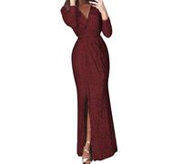 Generisch Glitzerkleid Damen Lang Langarm V Ausschnitt Paillettenkleid Glitzer Kleid Abendkleider mit Schlitz Pailletten Maxikleid Pailettenkleider für Damen Schwarz Silber Cocktailkleid Partykleid