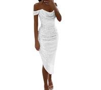 Generisch Glitzerkleid Damen Lang Schulterfrei Paillettenkleid Bodycon Glitzer Kleid Abendkleider Festlich Pailletten Cocktailkleid Pailettenkleider für Damen Schwarz Silber Partykleid Wickelkleid