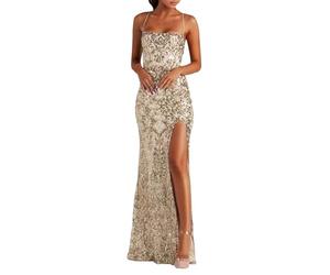 Generisch Glitzerkleid Damen Lang Schulterfrei Paillettenkleid Rückenfrei Glitzer Kleid Abendkleider mit Schlitz Festlich Pailletten Maxikleid Pailettenkleider für Damen Lang Cocktailkleid Partykleid