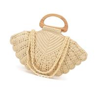 Generisch Handgewebte Strandtasche mit Holzgriff, kleine Muschel | Handgefertigte gehäkelte Muschel Geldbörse für Damen, gehäkelte Muschel Handtasche aus Baumwolle für Damen