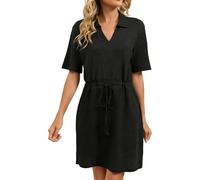 Generisch Hemdblusenkleid Damen V-Ausschnitt Kurzarm Kragen Taillenzugband Sommerkleid mit Taschen Locker Elegant Bequem Damenkleid Atmungsaktiv Leicht Freizeitkleid