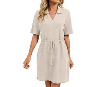 Generisch Hemdblusenkleid Damen V-Ausschnitt Kurzarm Kragen Taillenzugband Sommerkleid mit Taschen Locker Elegant Bequem Damenkleid Atmungsaktiv Leicht Freizeitkleid