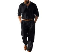 Generisch Herren 2-teiliges Baumwoll-Leinen-Sets Einfarbig Baggy Freizeitanzug Modisch Business Sport Leinenanzug Sommer Strandanzug für Alltag Langarmhemd und Leinenhose Loungewear