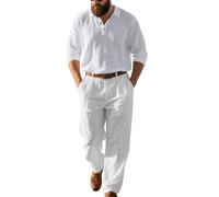 Generisch Herren 2-teiliges Baumwoll-Leinen-Sets Einfarbig Baggy Freizeitanzug Modisch Business Sport Leinenanzug Sommer Strandanzug für Alltag Langarmhemd und Leinenhose Loungewear