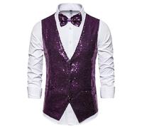 Generisch Herren Anzugweste Slim Fit Business Hochzeit Ärmellos Tank mit Krawatte Elegante Formelle Weste (Purple, XXXL)