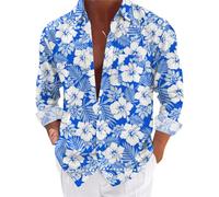 Generisch Herren Geblümt Langarm Sommer Freizeithemd Hawaiihemd Muster Langarmhemd Hawaii Hemd Männer Langarm Blumen Hemd Knopfleiste Lässig Hippie Sommerhemd Strand Hemd Bequem und atmungsaktiv