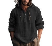 Generisch Herren Kapzuen Leinengemd Baggy Sommer Freizeithemd Bauwmwolle Leinen Shirts Langarm Hoodie Einfarbig Leichte Atmungsaktive Kapuzenpullover Sweatshirt Strandhemd