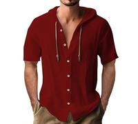 Generisch Herren Leinen Hemd Mit Kapuze - Sommer Hoodie Kurzarm Button Down Leinenhemd Hoody Oberteile Tops Leicht und Luftig Kapuzenshirt Einfarbig Lässig Sommerhemd Kurzarmshirt Strandhemd