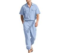 Generisch Herren Leinen Hose Set Einfarbig 2-Teilige Baumwolle Leinenanzug Baggy Sommer Freizeitanzug Kurzarm Hemd und Cargohose Sets Loose Fit Sport Anzug Strandanzug mit Taschen