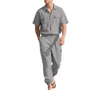Generisch Herren Leinen Hose Set Einfarbig 2-Teilige Baumwolle Leinenanzug Baggy Sommer Freizeitanzug Kurzarm Hemd und Cargohose Sets Loose Fit Sport Anzug Strandanzug mit Taschen