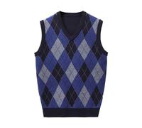 Generisch Herren Strickweste Pulunder Kariert Slim Fit Business Männer Casual Pulloverweste Ärmellos Grobstrick Klassiker Strickpullover Strickwaren Einfarbig Wollweste Mäntel, Blau, 3XL