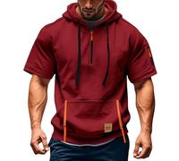 Generisch Herren T-Shirt mit Kapuze 1/4 Reißverschluss Kurzarm Hoodie Muscle Tshirt Shirt Sweatshirt Mit Gelber Pulli Ärmellose T-Shirts Gym Jacke Mens Sweatshirts Kapuzenpulli