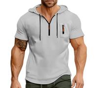 Generisch Herren T-Shirt mit Kapuze 1/4 Reißverschluss Kurzarm Hoodie Pullover Weiß Shirts Body Shaper Couple Muskelshirt Muskel Shirt Laufshirt Langarm Backprint Tshirt Gelber Weißes Hemd