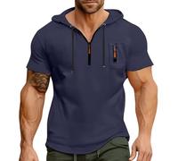 Generisch Herren T-Shirt mit Kapuze 1/4 Reißverschluss Kurzarm Hoodie T Shirt Sport Basic Pullover Sweatshirt Mit Reissverschluss Muskel Weißer Laufshirt Langarm Sommerpullover Leicht Hoody