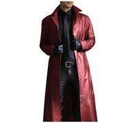 Generisch Herren Trenchcoat Einreihig Lang Gothic Mantel Revers Lederjacke Ledermantel Winter Jacke Übergangsjacke Rot M