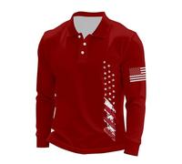 Generisch Herren Vintage Poloshirt Langarm Lässig Locker Passform Mode Amerikanische Flagge Laufen Sweatshirt Rot M