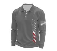 Generisch Herren Vintage Poloshirt Langarm Lässig Locker Passform Mode Amerikanische Flagge Laufen Sweatshirt Grey L