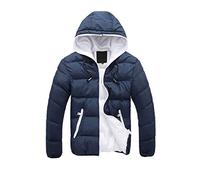 Generisch Herren Winterjacke gepolsterte Kapuzenjacke lässiger Reißverschlussmantel für kälte Tage warme Fleecejacke mit Kollisionsdesign (Dark Blue, L)