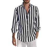 Generisch Herrenmode, gestreift, Leinen, Schnalle, langärmliges Hemdoberteil Weißes Hemd Herren Kurzarm (Black, XL)