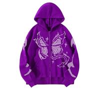 Generisch Hoodie Damen Y2K Jacke Zip Up Gothic Harajuku Kapuzenpullover Oversized Langarm Sweatshirt Schmetterling Drucken Kapuzenjacke Aesthetic 90er Streetwear