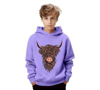 Generisch Hoodie Jungen Print 3D Grafik Sweatshirt Mit Kapuze Lustig Kuh Sweatshirts Langarm Kapuzenpullover Unisex Hoodies Highland Cow Pullover Winter Lässige Langarmshirt Lila 10 Jahre